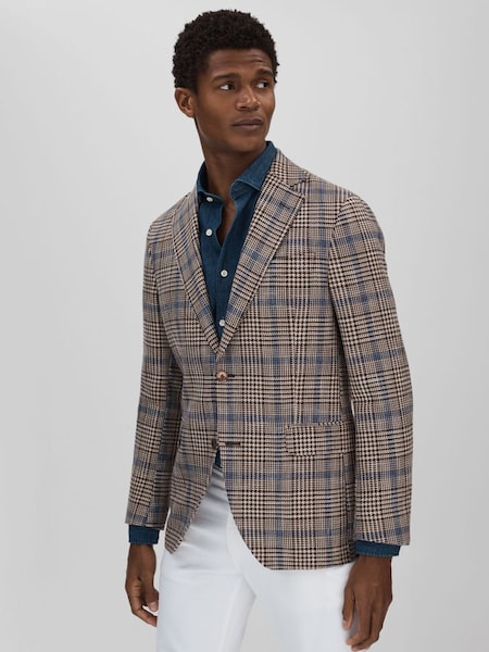Oscar Jacobson Cotton Linen Single Breasted Check Blazer in Beige (B27180) | CHF 790