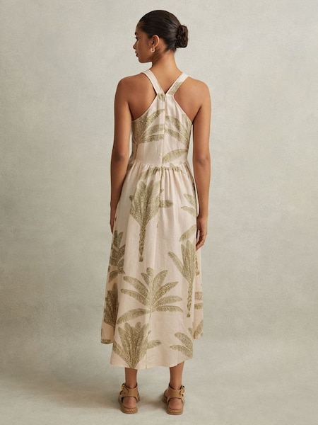 Tenger - Linnen midi-jurk met tropische print in naturel/groen (B28051) | € 225