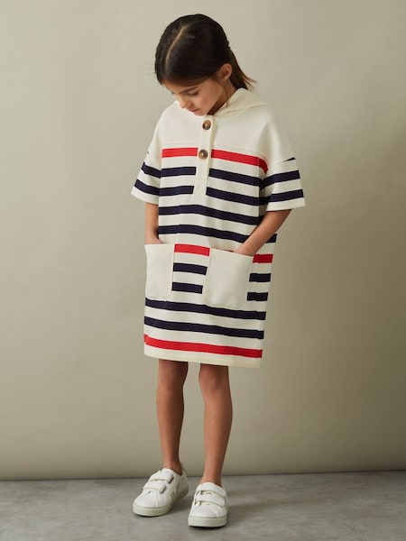 Striped Jersey Hooded Dress in Ecru (B53121) | CHF 75