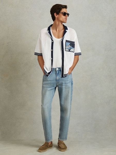Open-Stitch Embroidered Cuban Collar Shirt in White/Blue (B59481) | $360