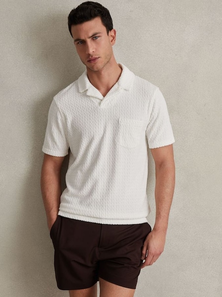 Towelling Cable Knit Polo Shirt in White (B63087) | €95