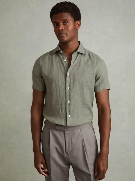 Slim Fit Linen Shirt in Pistachio (B64435) | $145