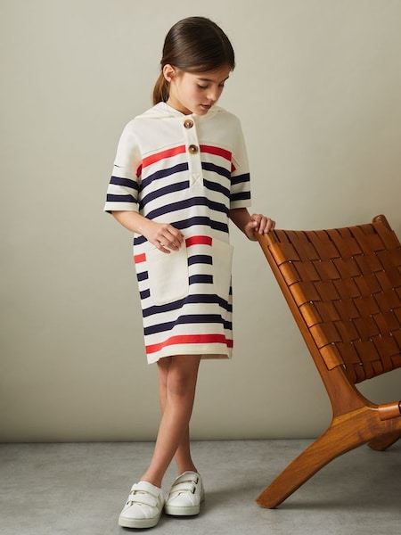 Striped Jersey Hooded Dress in Ecru (B70552) | CHF 80