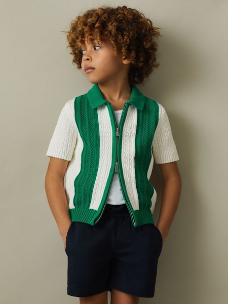 Strickhemd aus Baumwolle mit Reißverschluss, Weiß/Leuchtend Grün (B72862) | 75 €
