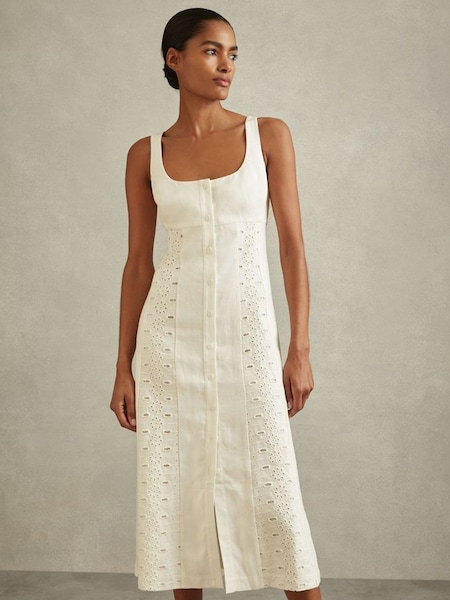 Linen Broderie Midi Dress in Ivory (B72912) | $330