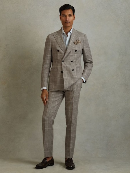 Linen Side Adjuster Check Trousers in Light Taupe (B78233) | HK$2,980
