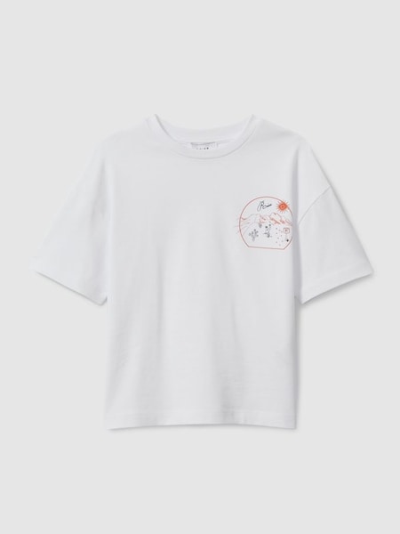 Cotton Crew Neck Motif T-Shirt in Optic White/Orange (B81241) | $50