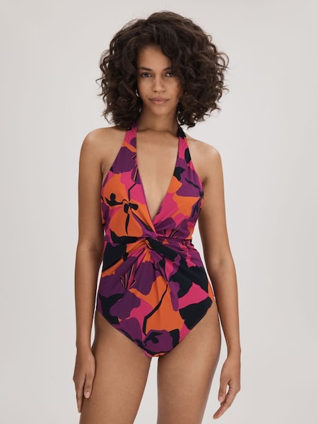 Florere Printed Twist Front Swimsuit in Pink/Orange (B83106) | $160