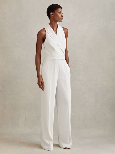 Petite Double Breasted Satin Tux Jumpsuit in White (B89764) | HK$3,430