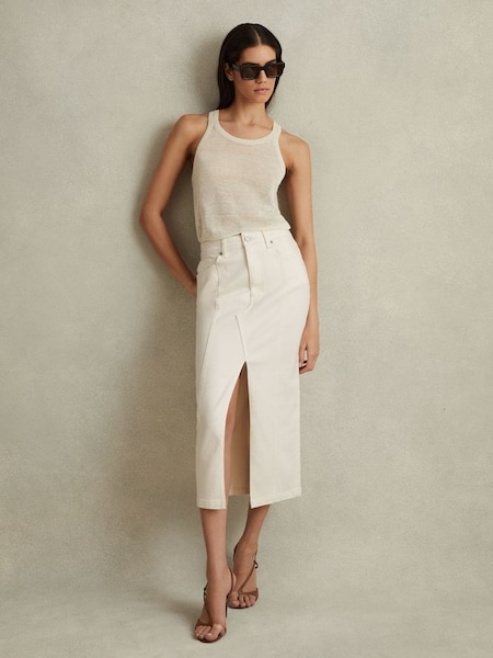 High Rise Denim Midi Skirt in Ivory (B90929) | SAR 785