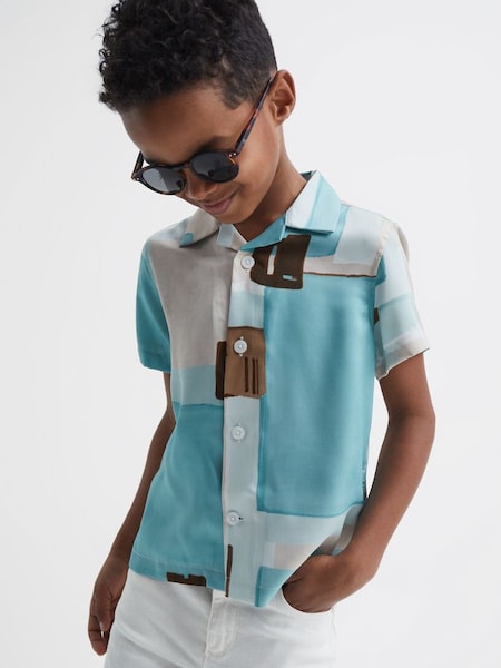 Junior Slim Fit Cuban Collar Abstract Print Shirt in Teal (C00297) | CHF 36
