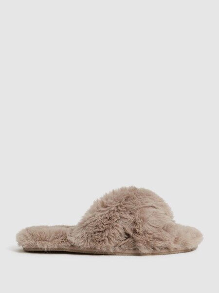 Faux Fur Cross Over Slippers in Mushroom (C01995) | $75