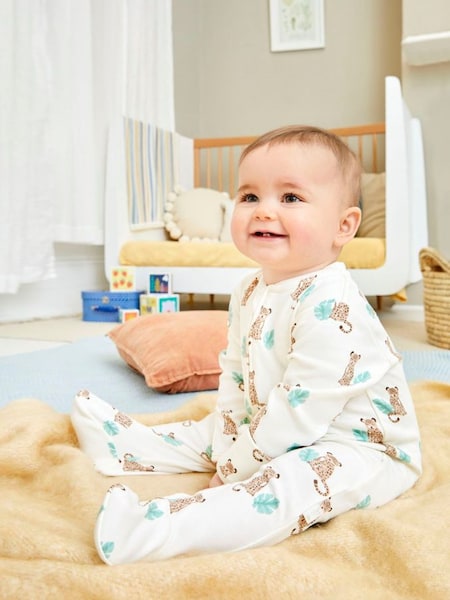 Cream Leopard Print Zip Cotton Baby Sleepsuit (C02610) | €26