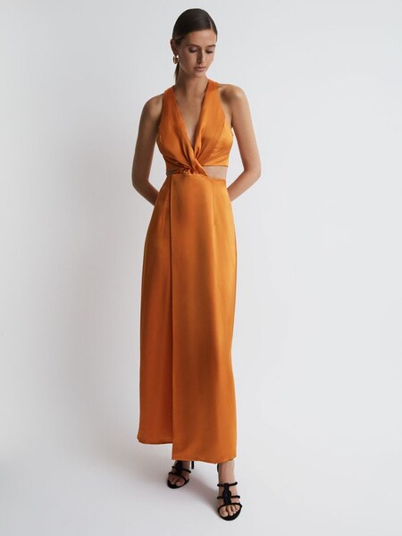 Anna Quan Satin Cut-Out Maxi Dress in Kumquat (C04770) | $628