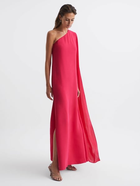 Cape maxi-jurk met één schouder in felroze (C06331) | € 270