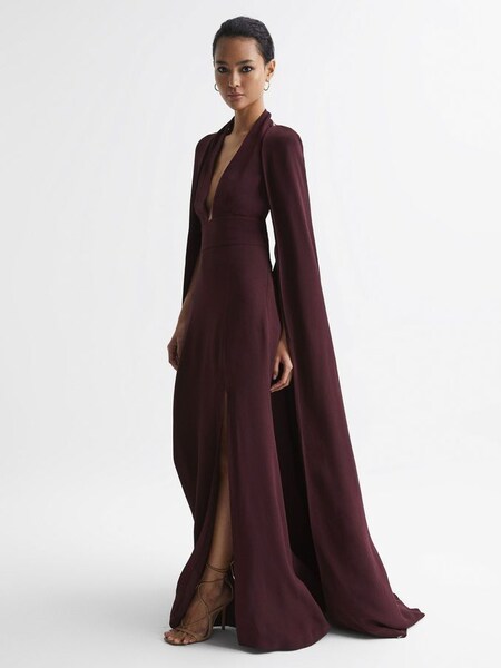 Maxi Dress With Cape in Burgundy (C11245) | $459