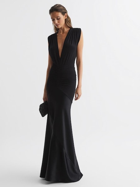 Plunge V-Neck Sleeveless Maxi Dress in Black (C13229) | $385