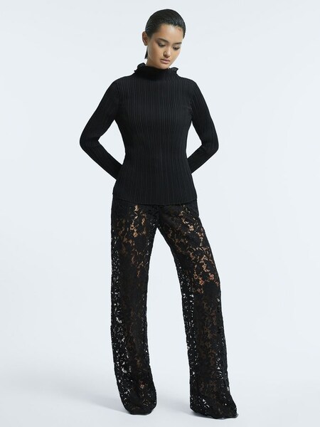 Atelier Sheer Lace Wide Leg Black Trousers in Black (C14572) | SAR 1,580