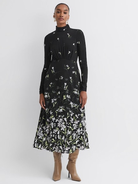 Florere Floral High Neck Midi Dress in Black (C19055) | $330