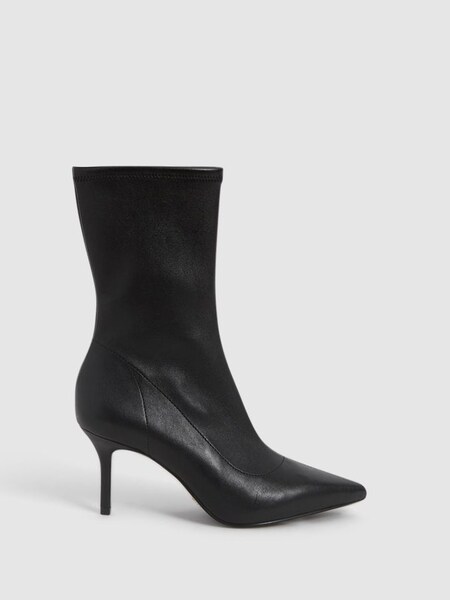 Pointed Kitten Heel Leather Boots in Black (C19682) | $141