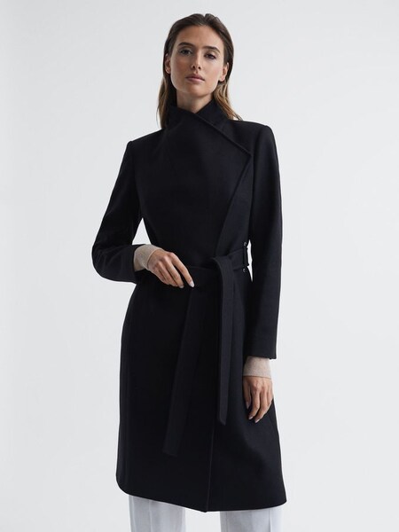 Cashmere Wool Blend Wrap Collar Belted Coat in Black (C22695) | HK$3,682