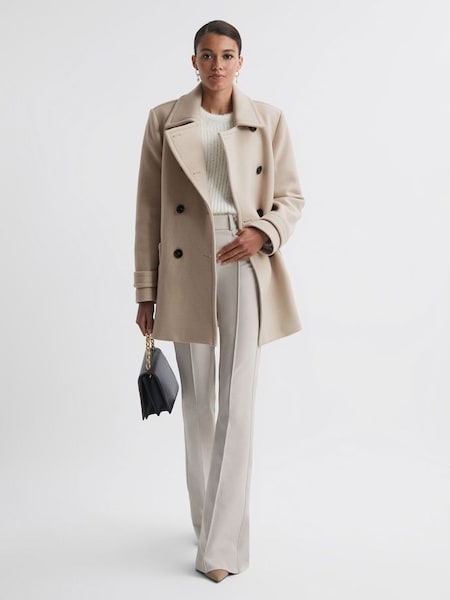 Wool Blend Double Breasted Coat in Stone (C22743) | €212