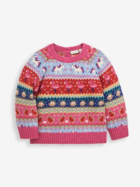 Pink Unicorn Fair Isle Jumper in Multi (C23487) | $45