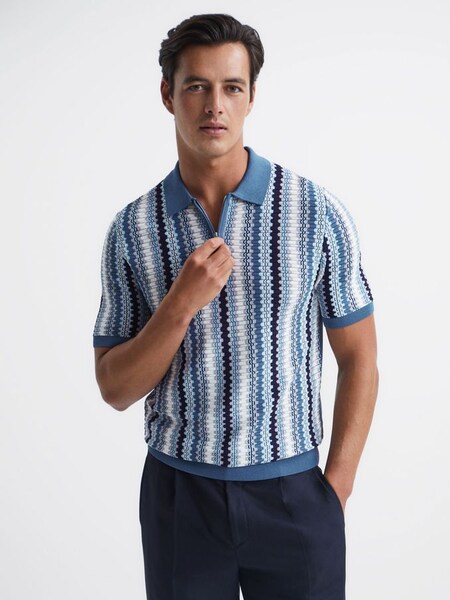 Slim Fit Half Zip Stripe Polo Shirt in Airforce Blue (C32536) | $86