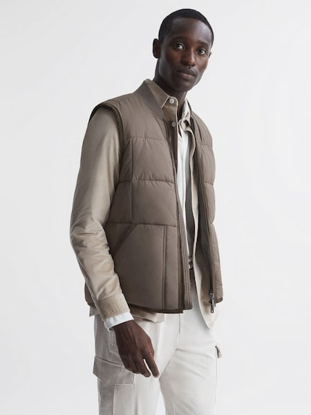 Quilted Contrast Trim Gilet in Mushroom (C32909) | $239