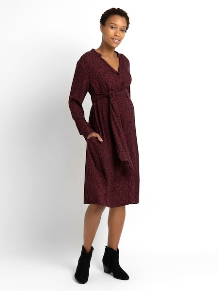 Animal Print Shirt Maternity Dress With Tie in Burgundy Red (C33600) | $78