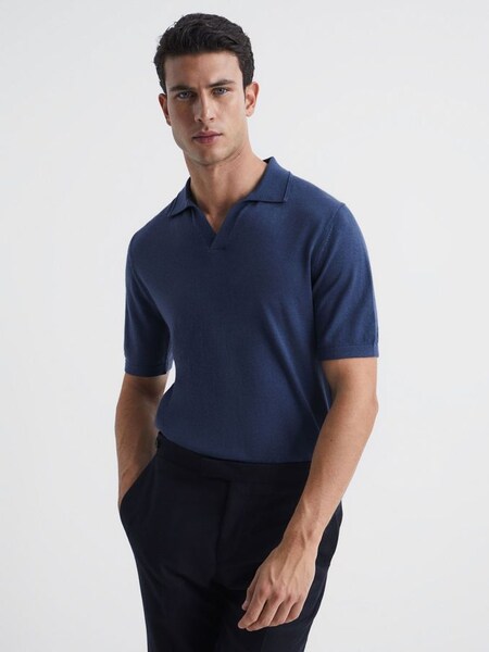 Merino Wool Open Collar Polo Shirt in Azure (C37871) | $112