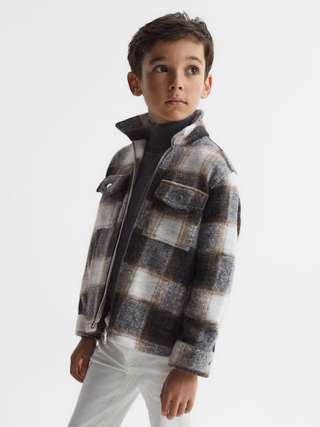 Junior Checked Zip Up Overshirt in Charcoal (C45223) | $41
