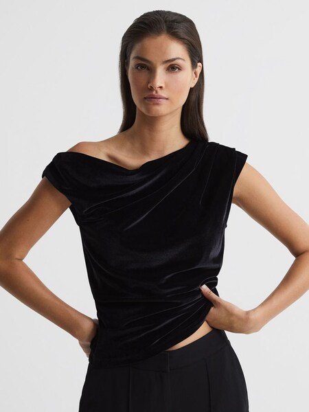 Velvet Short Sleeve Drape Top in Black (C46884) | $72