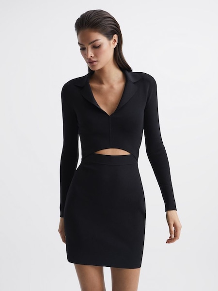Cut-Out Collared Knitted Bodycon Dress in Black (C49192) | $151
