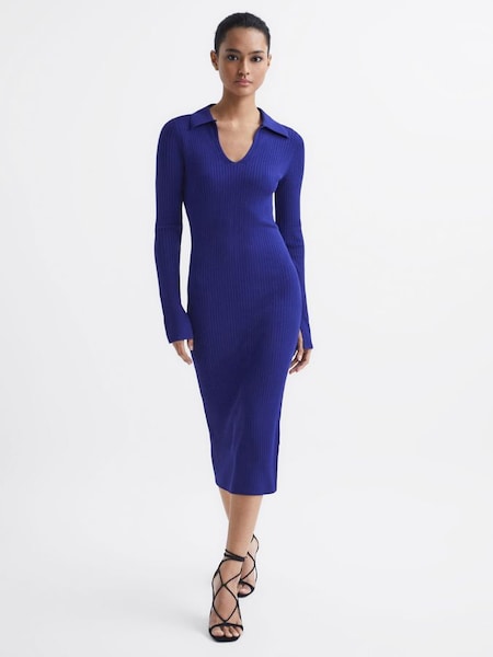 Collared Knitted Bodycon Dress in Blue (C54511) | €78