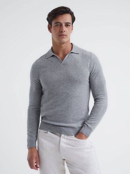 Cashmere Open Collar Polo Shirt in Soft Grey (C55166) | $235