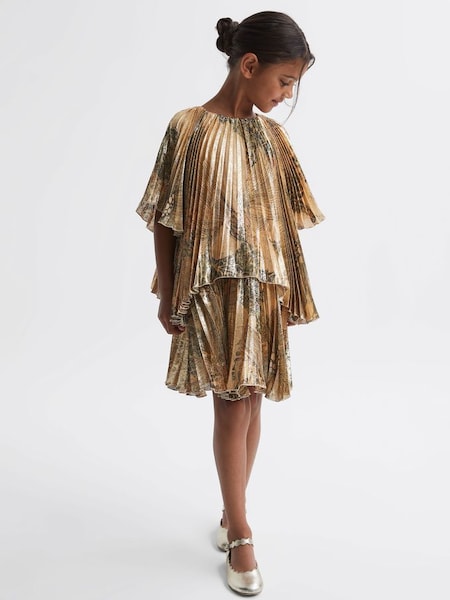Junior Metallic Pleated Tiered Dress in Gold (C58758) | $210