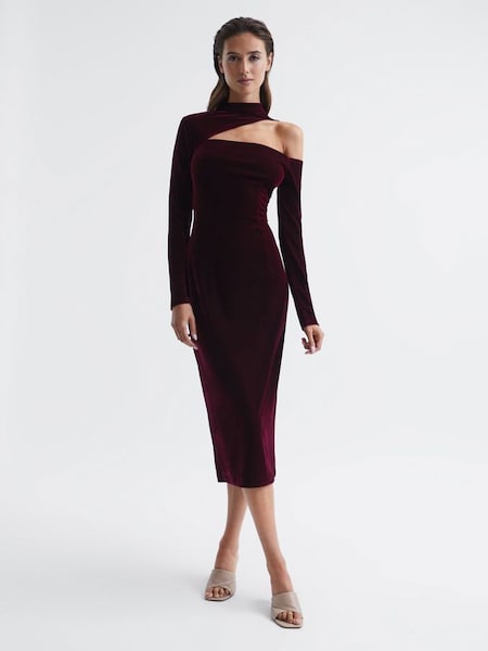 Tenger - Bordeauxrode fluwelen jurk met schouderuitsnijding (C61252) | € 151
