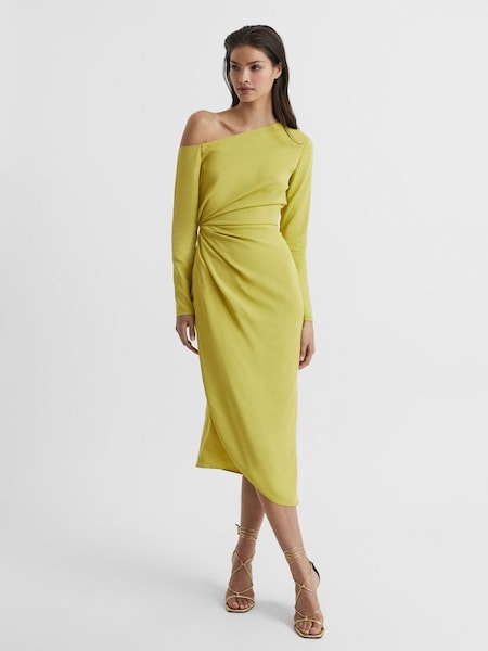 Off-Shoulder Drape Midi Dress in Lime (C65338) | €156
