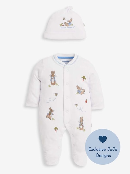 White Peter Rabbit Cotton Embroidered Baby Sleepsuit & Hat Set (C67414) | €42