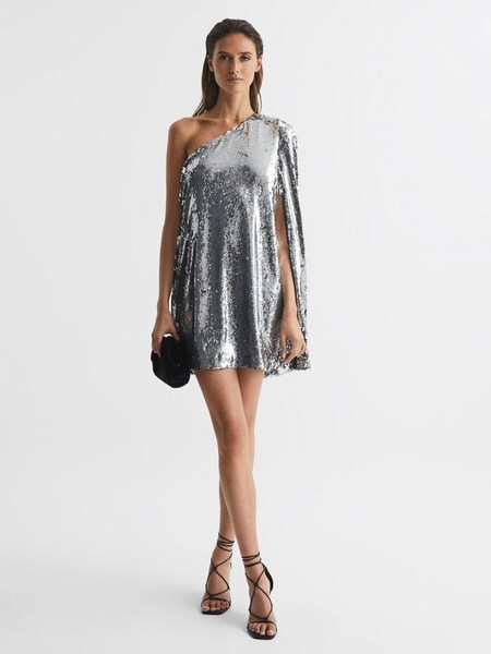 Sequin Cape One Shoulder Mini Dress in Silver (C71588) | CHF 183
