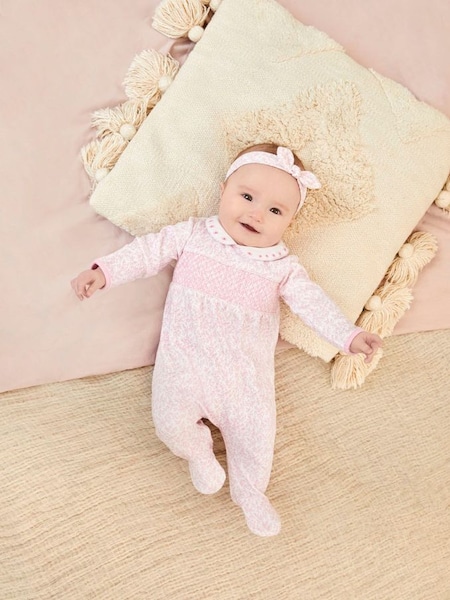 Pink Floral Smocked Cotton Baby Sleepsuit (C76010) | €30