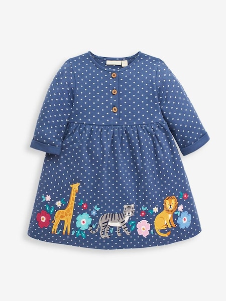 Girls' Appliqué Button Front Dress in Denim Blue Safari Animals (C76870) | $35