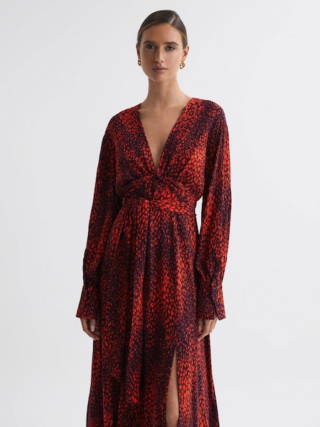 Petite Animal Print Blouson Sleeve Midi Dress in Red (C78741) | $155