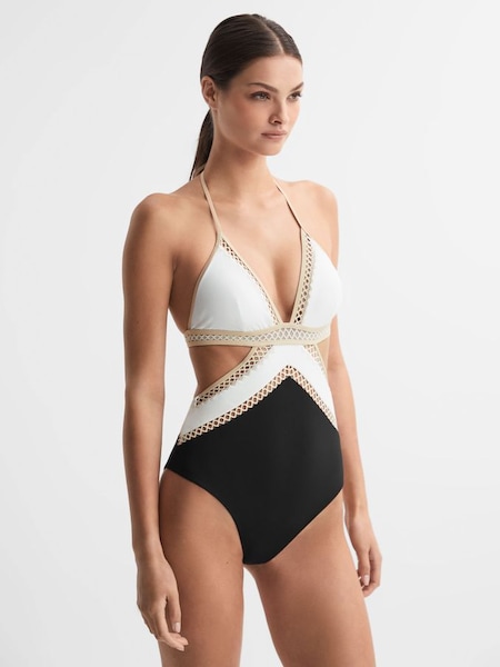 Lattice Halterneck Swimsuit in Black/White (C81160) | $180