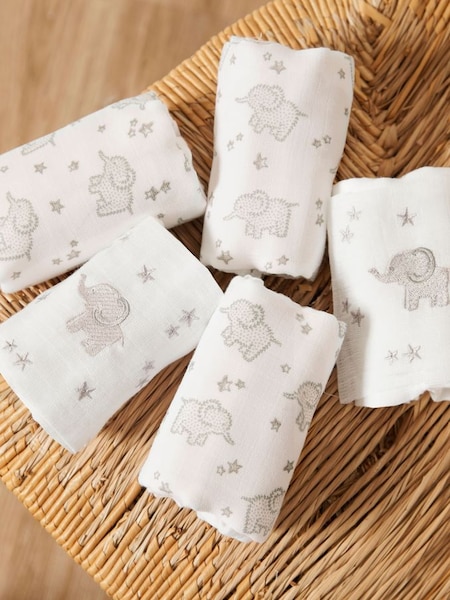 5-Pack Elephant Embroidered Muslins in Grey (C83288) | €23.50