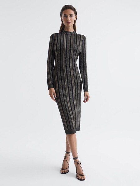 Metallic Striped Knitted Dress in Black/Gold (C85923) | $115