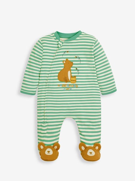 Green Stripe Bear Appliqué Zip Cotton Baby Sleepsuit (C93411) | €27.50