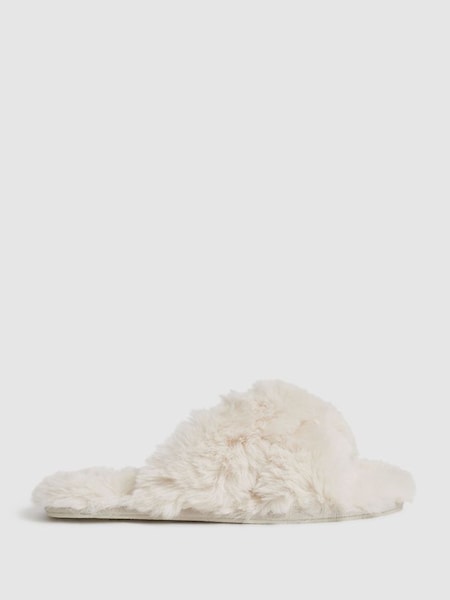 Faux Fur Cross Over Slippers in Off White (C94138) | $26
