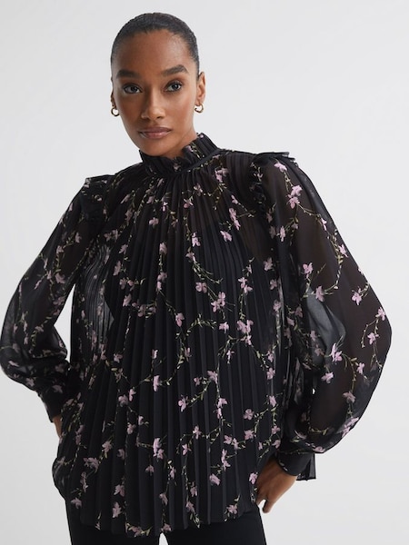 Florere Sheer Floral Ruffle Blouse in Black (C94657) | $101